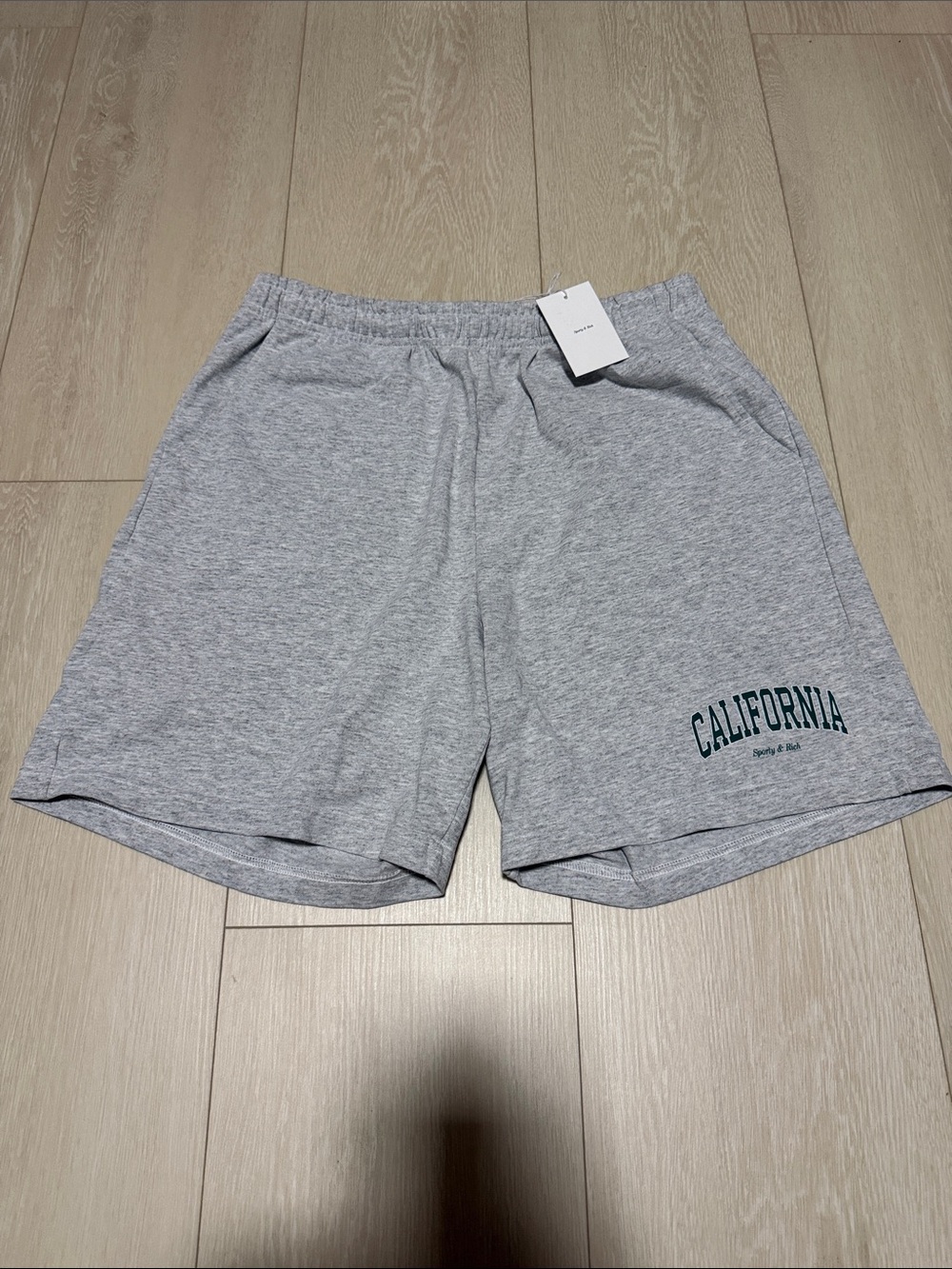 Sporty & Rich Light Gray Shorts with Green 'California' Logo - Picture 2 of 10